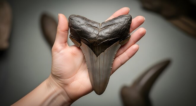 Giant Fossil Megalodon Shark Tooth Held in Hand for Scale.
