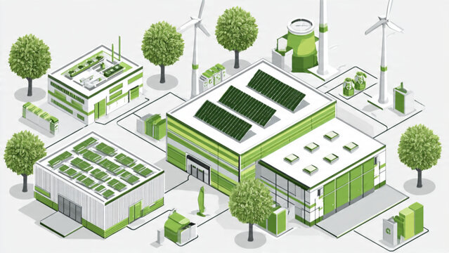 Eco-friendly green building complex with solar panels trees and renewable energy elements