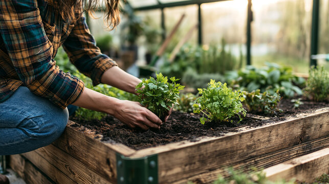 Woman Planting Fresh Herbs in Raised Garden Bed Inside Greenhouse for Sustainable Home Gardening Lifestyle