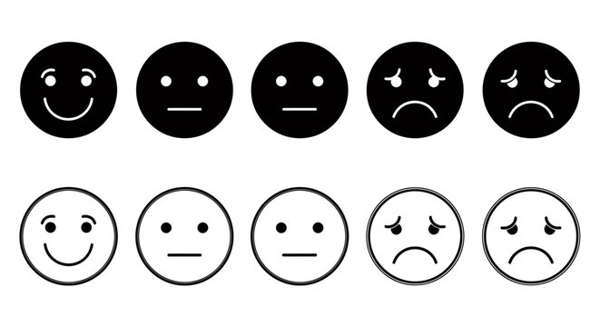 Set of circular emoticons with varied expressions in black and white for graphic design.