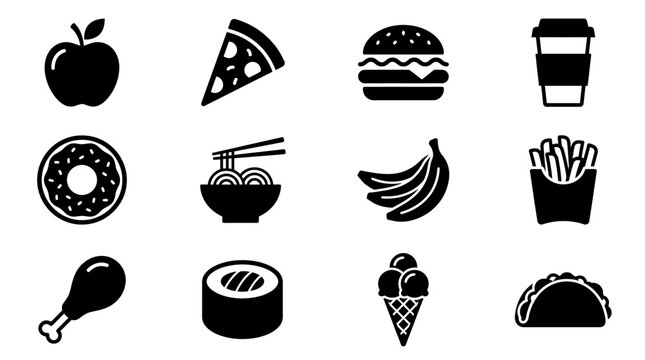 Twelve food silhouette icons in modern minimal vector style  monochrome black shapes  pizza slice  noodle bowl  burger  donut  coffee cup  cupcake  fries  sushi roll  taco  sandwich  hotdog  ice cream