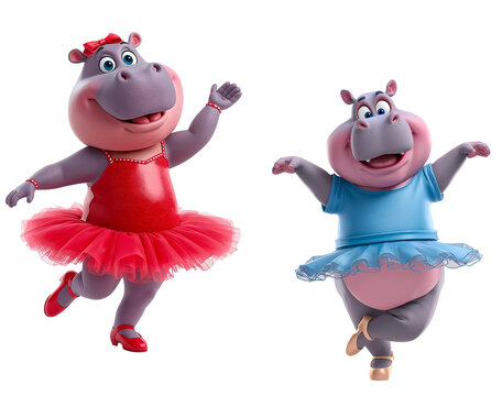 Cute funny cartoon hippo ballerina isolated on transparent background
