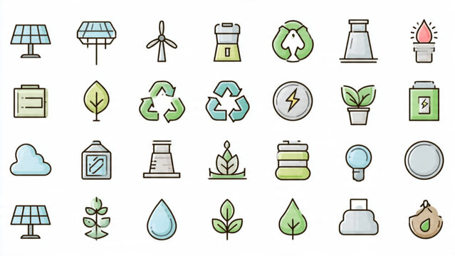 Collection of eco-friendly environmental icons in soft pastel colors representing sustainability and nature themes