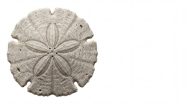 Textured sand dollar with radial lines offset left on white