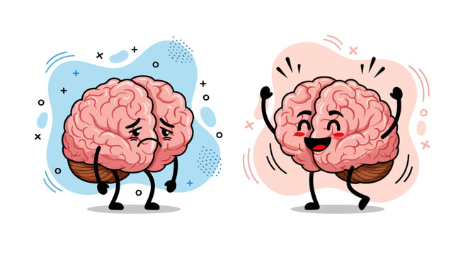 Two anthropomorphic brains walking with legs in a playful cartoon scene suggesting thought and imagination.