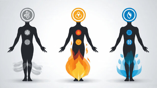 Human Silhouettes with Energy Points and Fire or Water Effects Illustration for Biohacking