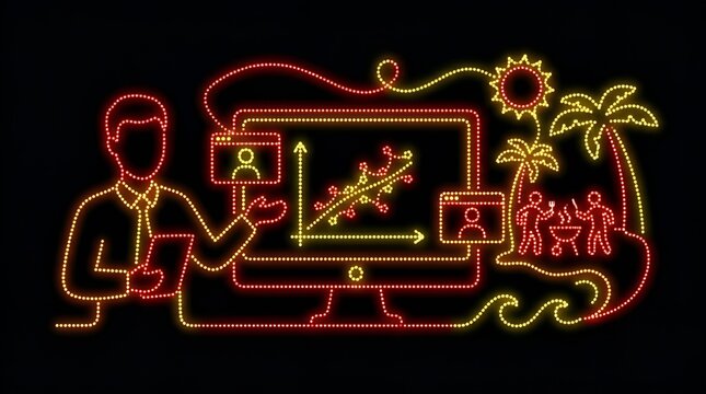 Remote worker managing business data while on beach vacation