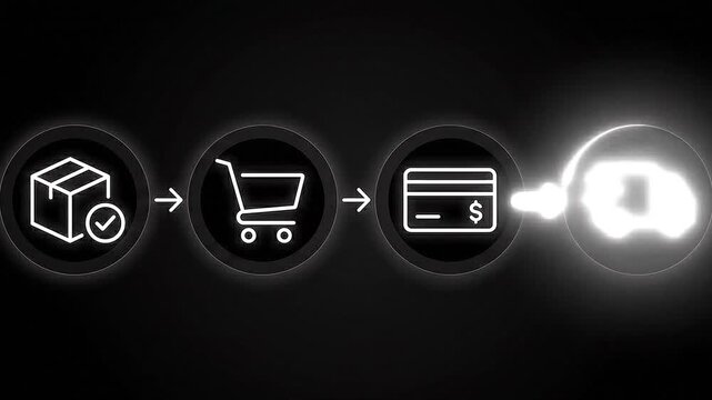 E commerce payment processing steps with glowing icons on black background