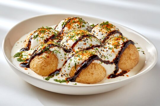 Dahi bhalla with yogurt and chutney drizzle, garnished with spices, minimal white background with soft shadows
