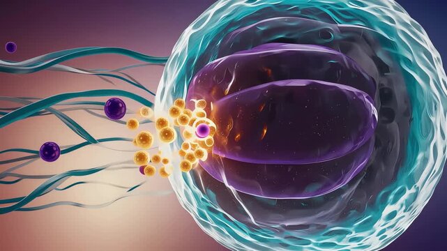 Human cell environment, semi-transparent membranes,
colorful nutrient particles entering cells smoothly
