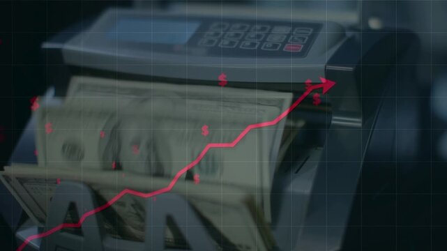 A money counting machine processing US dollars, featuring an overlay of a rising red arrow graph and small dollar signs