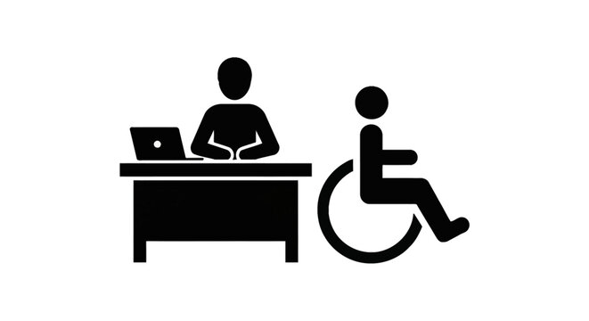 Black and white vector icon illustration featuring an office worker sitting at a desk with a laptop computer and a person in a wheelchair, representing accessibility and inclusion.