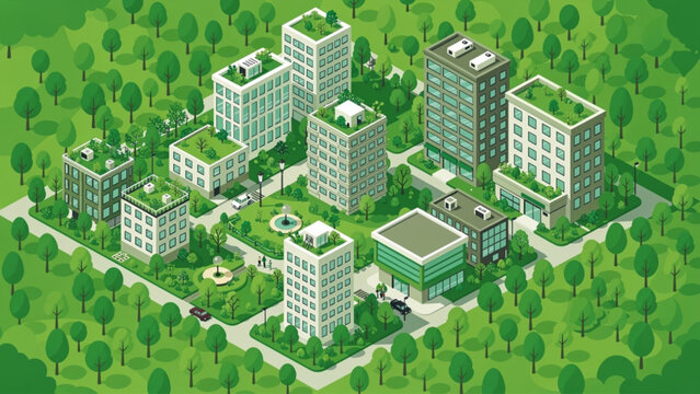 Green city isometric buildings with rooftop gardens and trees, sustainable urban environment