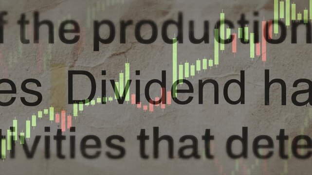 The word "Dividend" highlighted in yellow on a financial text background, layered with a green candlestick stock chart.