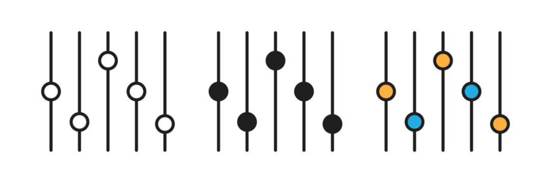 Equalizer Or Slider Control Varied Icon Set. Equalizer slider tracks vector icon representing varied audio frequencies, dynamic sound mixing, or adjustments.