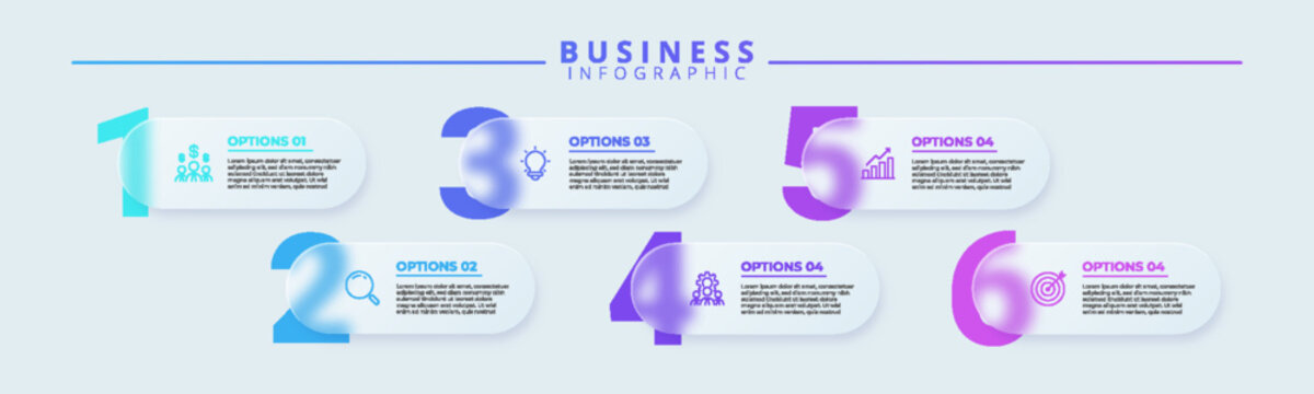 Modern Business Infographic Template Featuring 6 Numbered Steps with Glassmorphism Design Elements, Icons, and Text Placeholders for Workflow, Strategy, and Process Visualization.