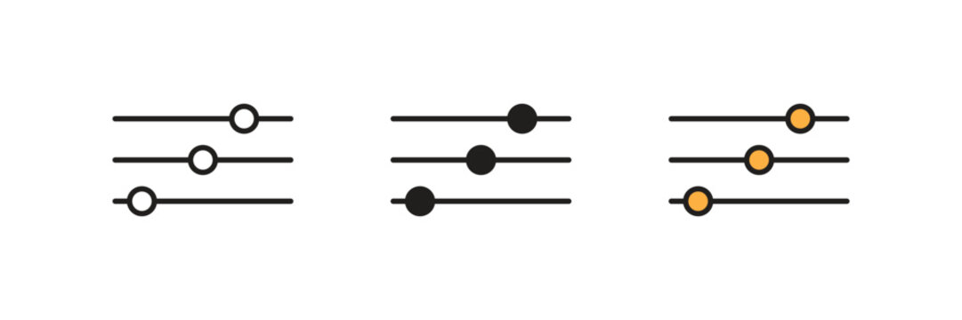 Horizontal Sliders Icon Set. Three horizontal adjustment slider icons in line, glyph, and colored styles for user interface controls.
