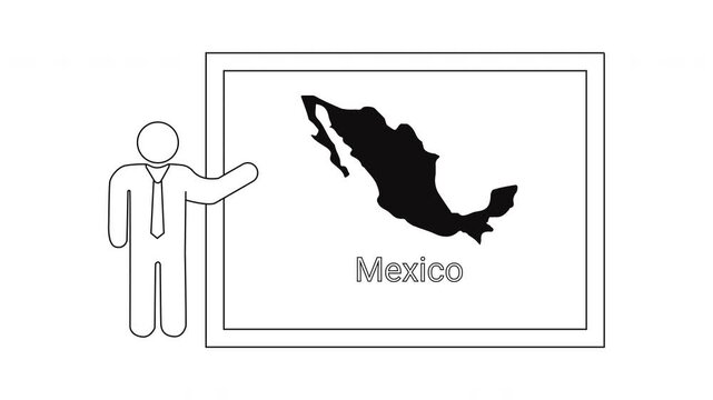 Teacher presenting map of Mexico on a whiteboard illustration.