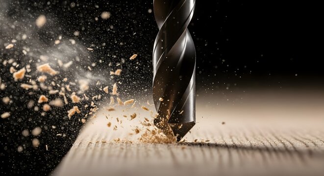 Close-Up of Sharp Drill Bit Boring Into Wood with Flying Sawdust