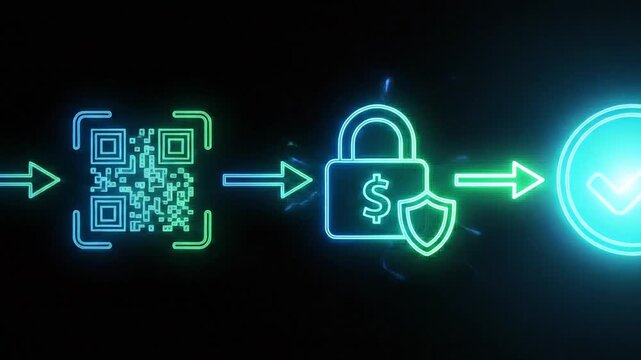 Neon glowing blue green secure payment process animation with qr code lock shield and checkmark icons on black background