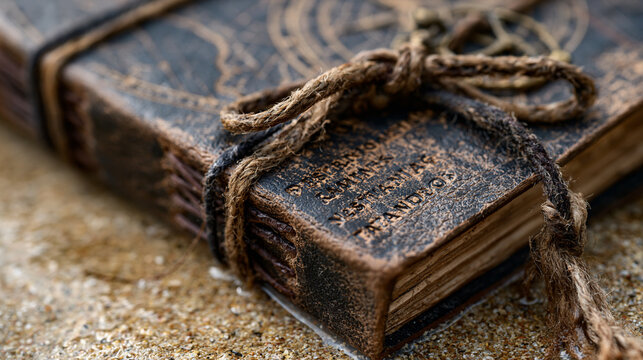 Close-up of worn leather travel journal binding being tied shut with a fraying cord, hand-stamped destinations visible on the cover, damp sand visible at the edge of the frame, perfect for travel jo
