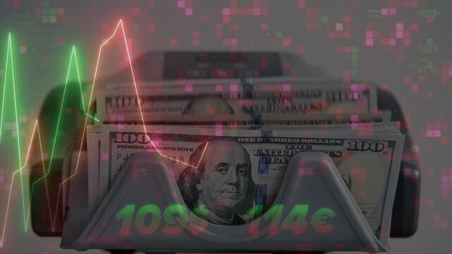 US dollar bills inside a counting machine overlayed with colorful fluctuating stock market line charts and currency symbols
