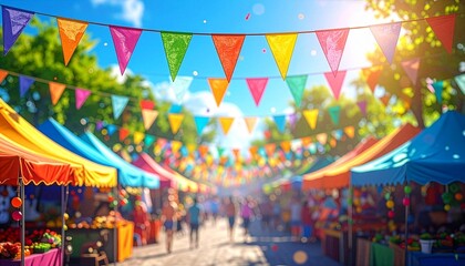 Obraz premium Colorful bunting flags and decorations at a lively summer street festival.