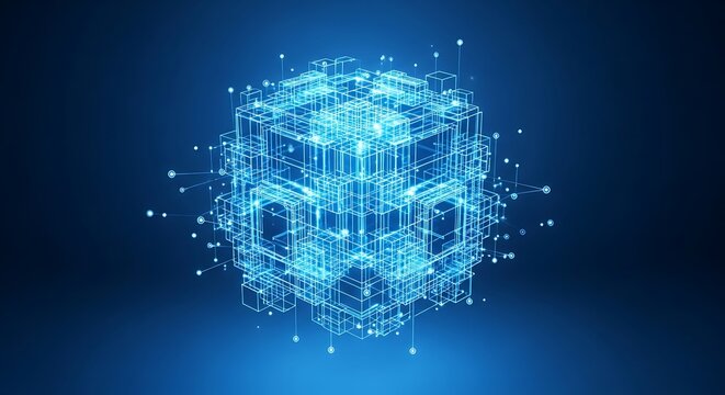 Glowing blue wireframe cube with connections and nodes in dark blue
