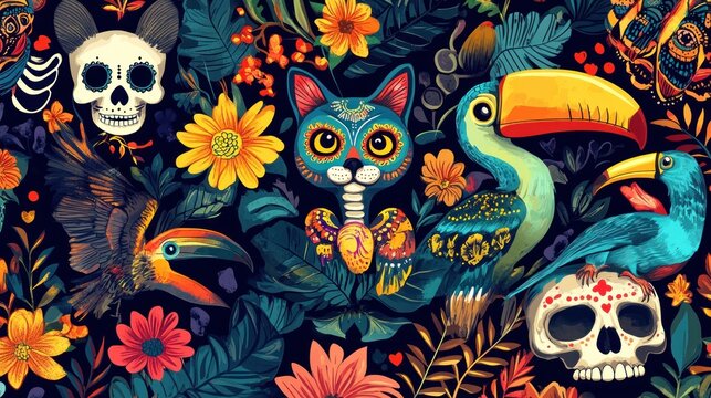 Colorful Day of the Dead floral pattern with animals and skulls.