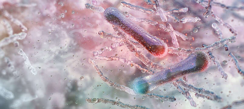 Bacterial biofilm and human microbiome flora. Microscopic view of distinct bacterial pathogens: club-shaped bacterium rods, terminal granules,   filamentous streptobacillus chains. Chronic infection