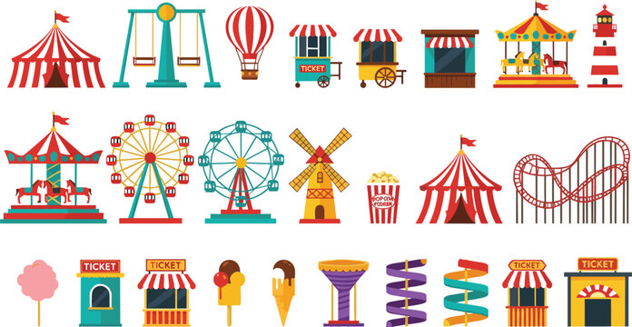 amusement park vector icon set featuring ferris wheel roller coaster carousel circus tent and carnival food elements