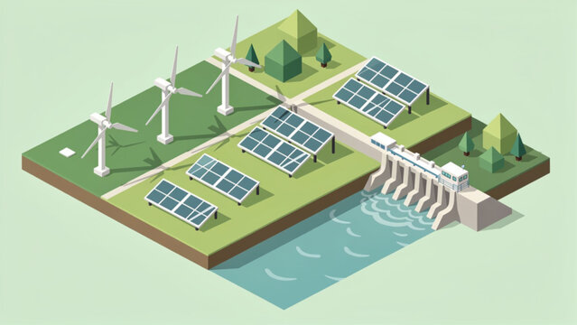 Isometric renewable energy farm with solar panels, wind turbines, and dam
