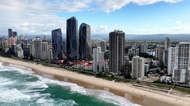 Pacific coast still waves to Gold Coast sandy beaches Surfers Paradise aerial view.