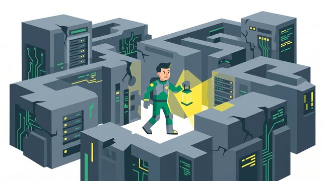 Isometric vector illustration of a tech explorer with a lantern navigating a maze of computer servers representing data mining and system troubleshooting