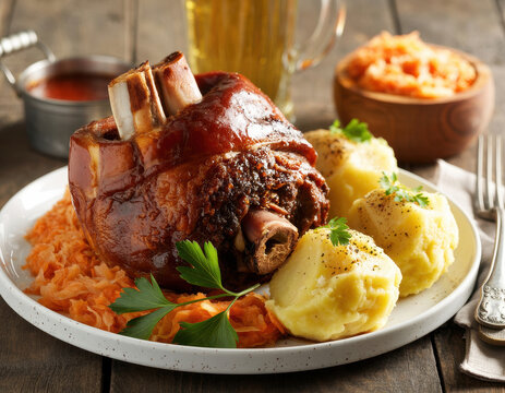 Traditional roasted pork knuckle served with sauerkraut and potato dumplings on a white plate