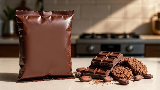 Chocolate chunks and a brown pouch of chocolate spread on a surface