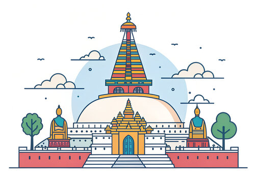 Colorful minimalist vector of Bodh Gaya Mahabodhi Temple  spiritual travel illustration  flat geometric style