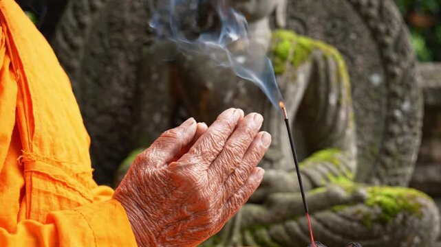 The wrinkled, peaceful hands of an old monk clasped together in a praying gesture (anjali mudra),