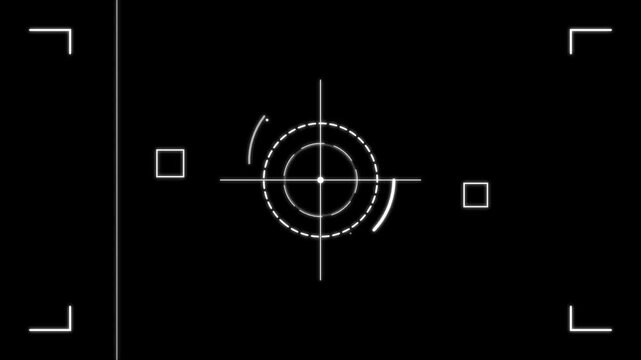 Digital camera viewfinder overlay with focus reticle and target markers on a black background