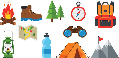 camping and outdoor adventure vector flat icon set featuring campfire tent backpack map compass and hiking equipment © Lipi
