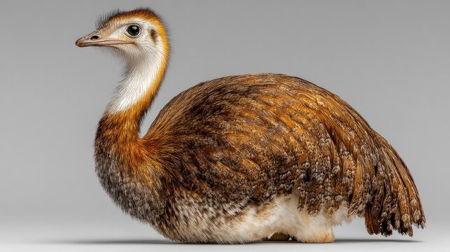 Baby Rhea Bird with Brown and White Feathers on a Plain Background.