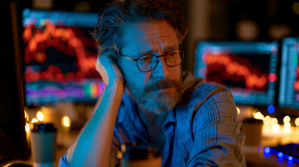 Fototapeta premium A solitary trader slumps over a glowing multi screen desk at 3am, face lit electric blue, empty coffee mugs surrounding cryptocurrency charts in deep red decline, perfect for crypto anxiety, digital