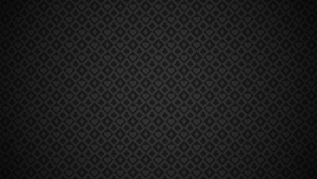 Black and grey seamless pattern background with playing card suit symbols of hearts, diamonds, clubs and spades in a diagonal geometric grid for casino gambling or poker design.