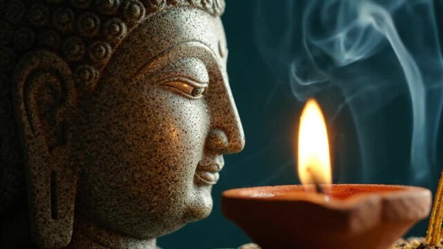 Buddha Purnima. A side-profile tight shot of a serene stone Buddha statue. 