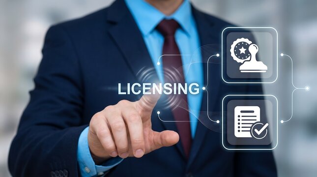 Business man using virtual touch interface presses word: LICENSING. License agreement business technology concept. Copyright protection law license certificate, concept
