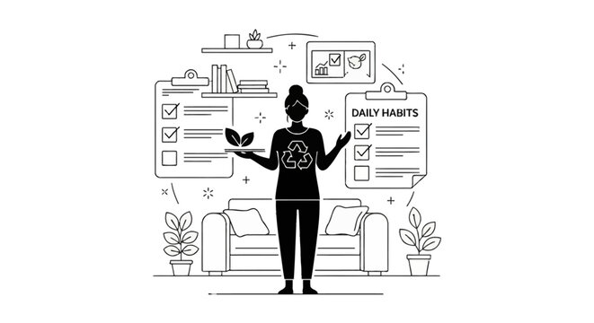 Minimalist black and white vector of a person tracking eco-friendly daily habits, including recycling, indoor gardening, and sustainable living routines with checklists and charts in a home setting.