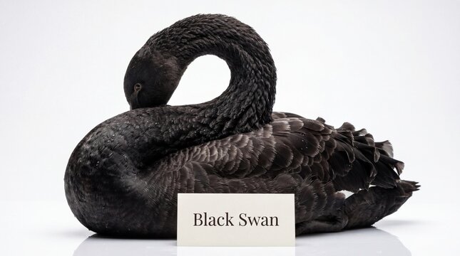 A majestic black swan with its neck elegantly curved, resting on a clean white background with a small label indicating its species.