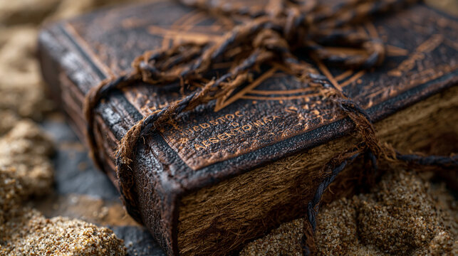 Close-up of worn leather travel journal binding being tied shut with a fraying cord, hand-stamped destinations visible on the cover, damp sand visible at the edge of the frame, perfect for travel jo