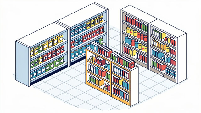 isometric illustration of colorful storage cabinets filled with documents and folders