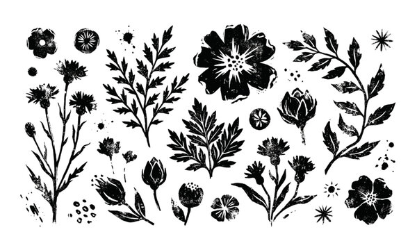 Grunge lino cut flower stamp vector set with contemporary botanical textures